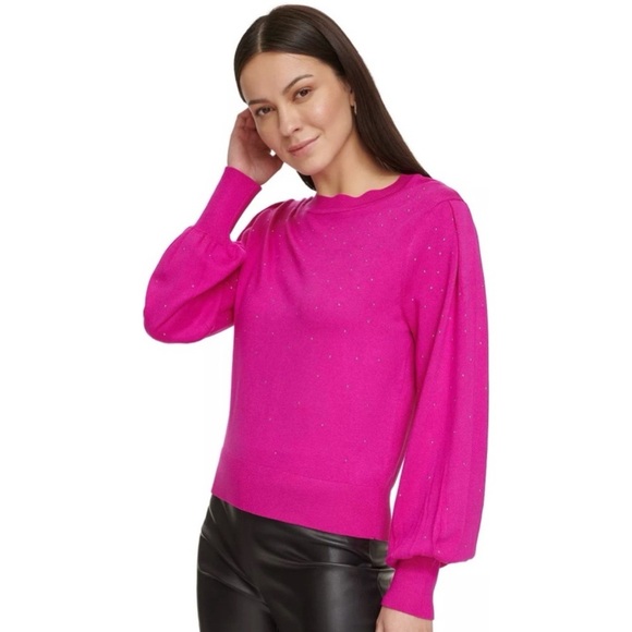 DKNY Pink Studded Crewneck Sweater Donna Karan Embellished Electric Pink Medium - Picture 2 of 15